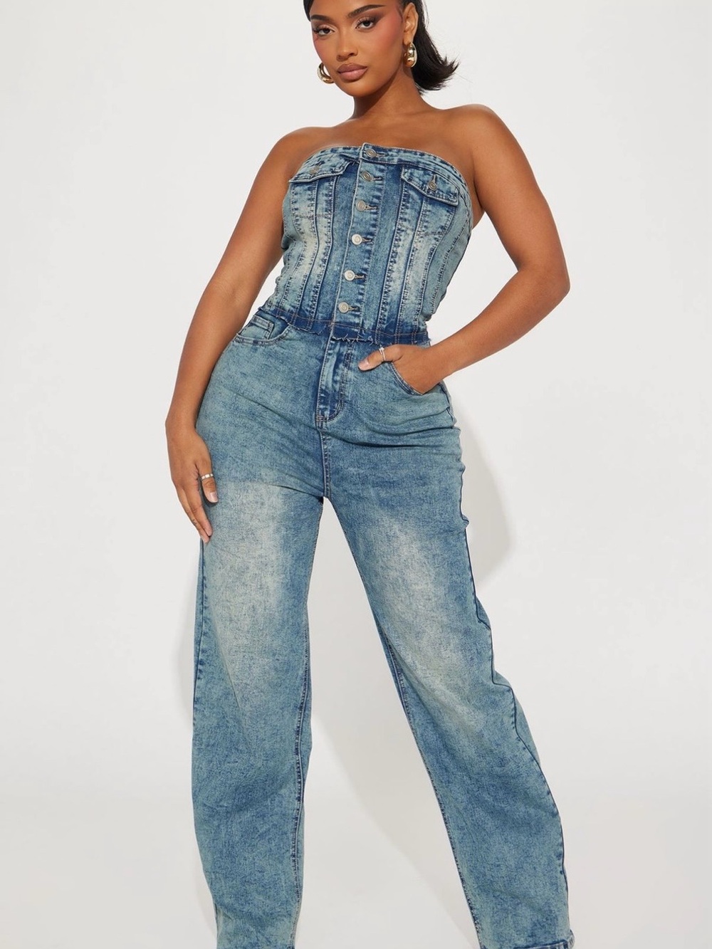 Fashion Nova Strapless Charming Girl Denim Jumpsuit (Medium wash)